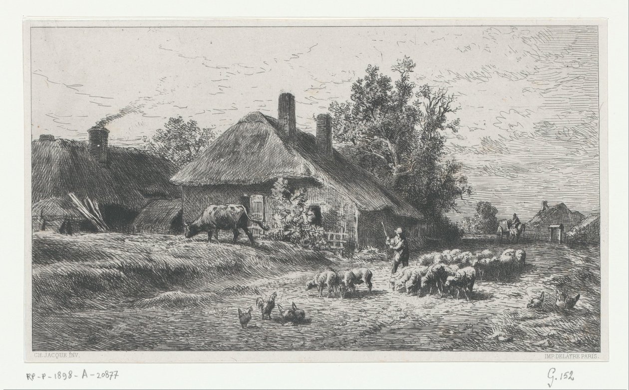 Pasterz ze stadem na drodze wzdłuż gospodarstwa autorstwa Charles Emile Jacque
