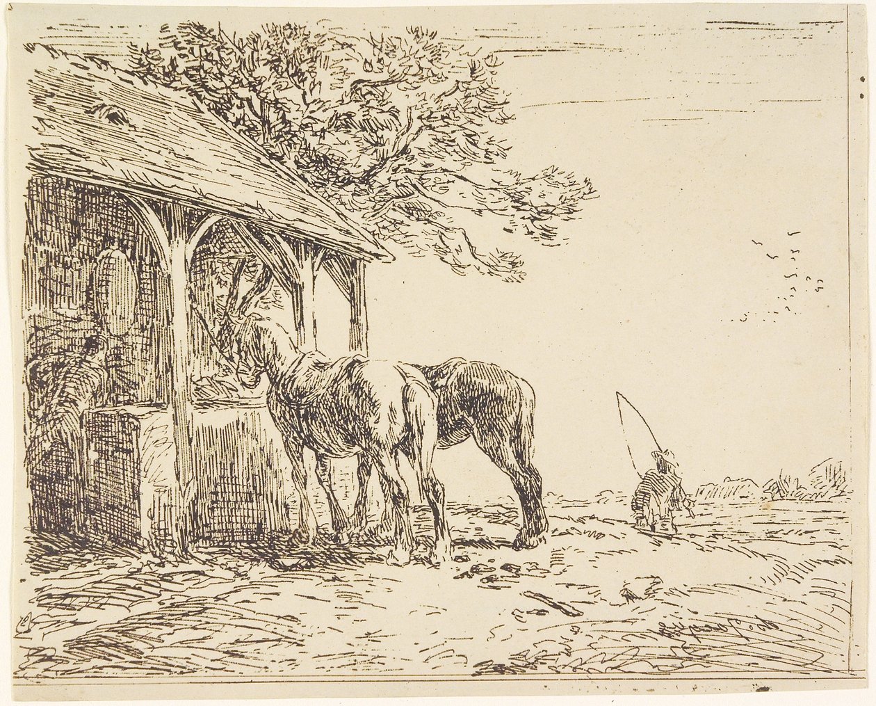 Konie w stajni, XIX w. (cliché verre lub heliograf) autorstwa Charles Emile Jacque
