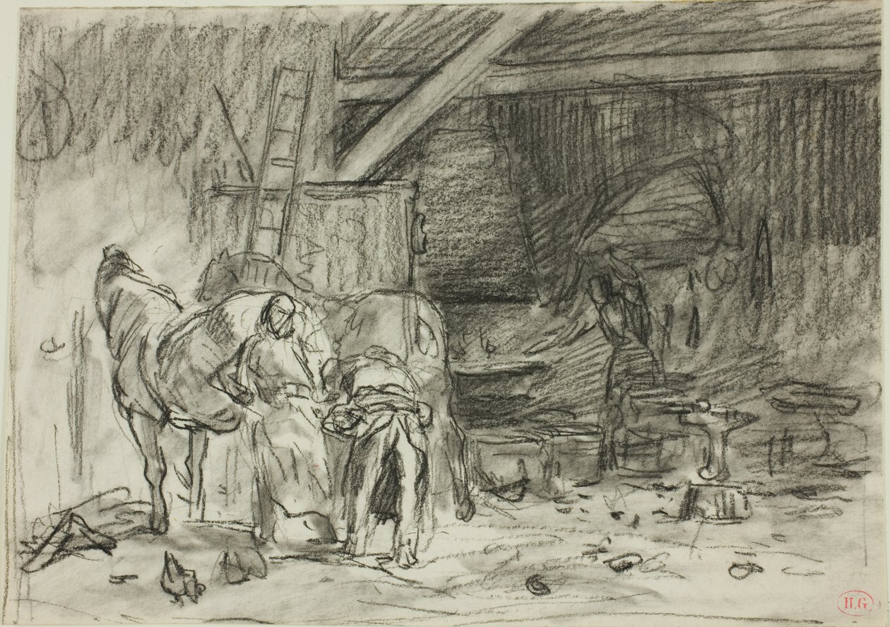 Wnętrze kuźni (recto); mężczyzna pochylający się, widziany z lektury (verso) autorstwa Charles Emile Jacque