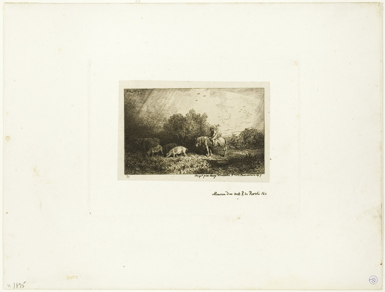 Krajobraz z mężczyzną na koniu, świniami i krową autorstwa Charles Emile Jacque