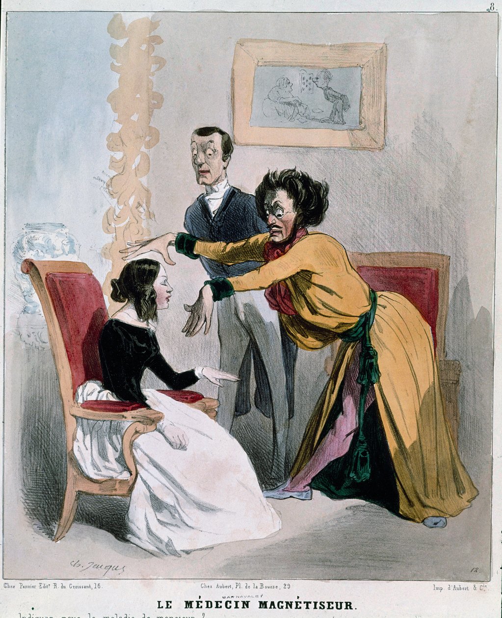 Seria „chory i lekarze””: lekarz magnetysta. Karykatura hipnotyzera w trakcie hipnozy o pacjencie. Grawerowanie Charlesa Jacquesa autorstwa Charles Emile Jacque