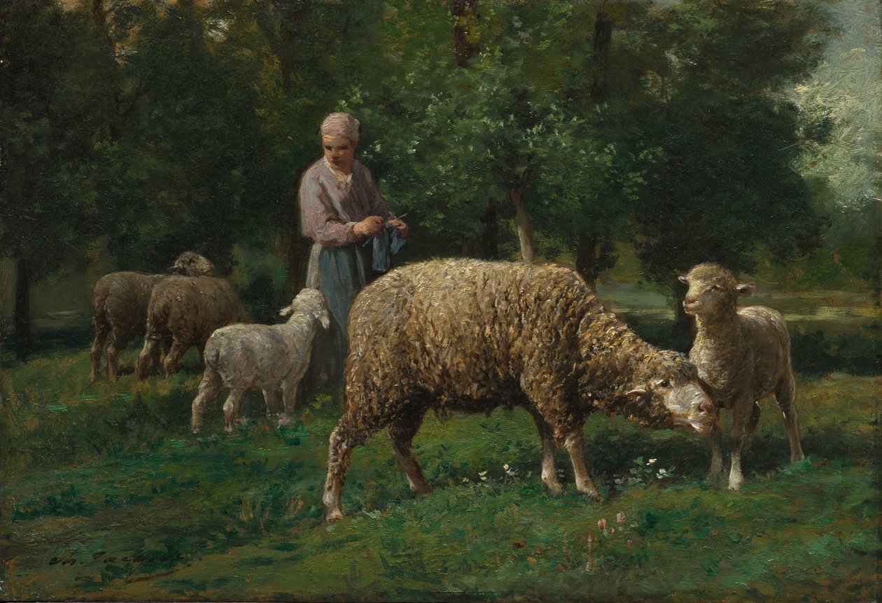 Pasterka z owcami, ok. 1876 (olej na drewnie) autorstwa Charles Emile Jacque