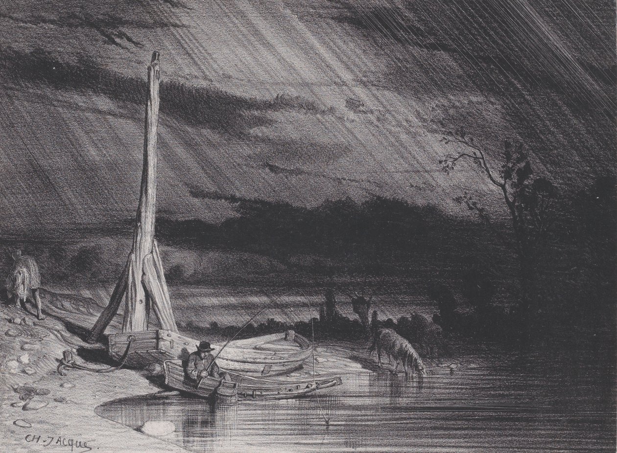 Rybak, Deszczowa pogoda, ca. 1853. autorstwa Charles Emile Jacque