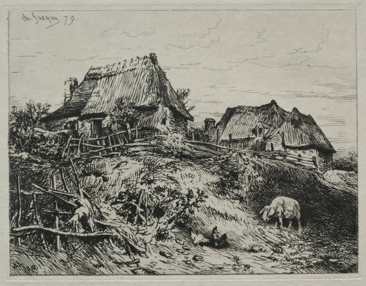 Dwa domki na brzegu autorstwa Charles Emile Jacque