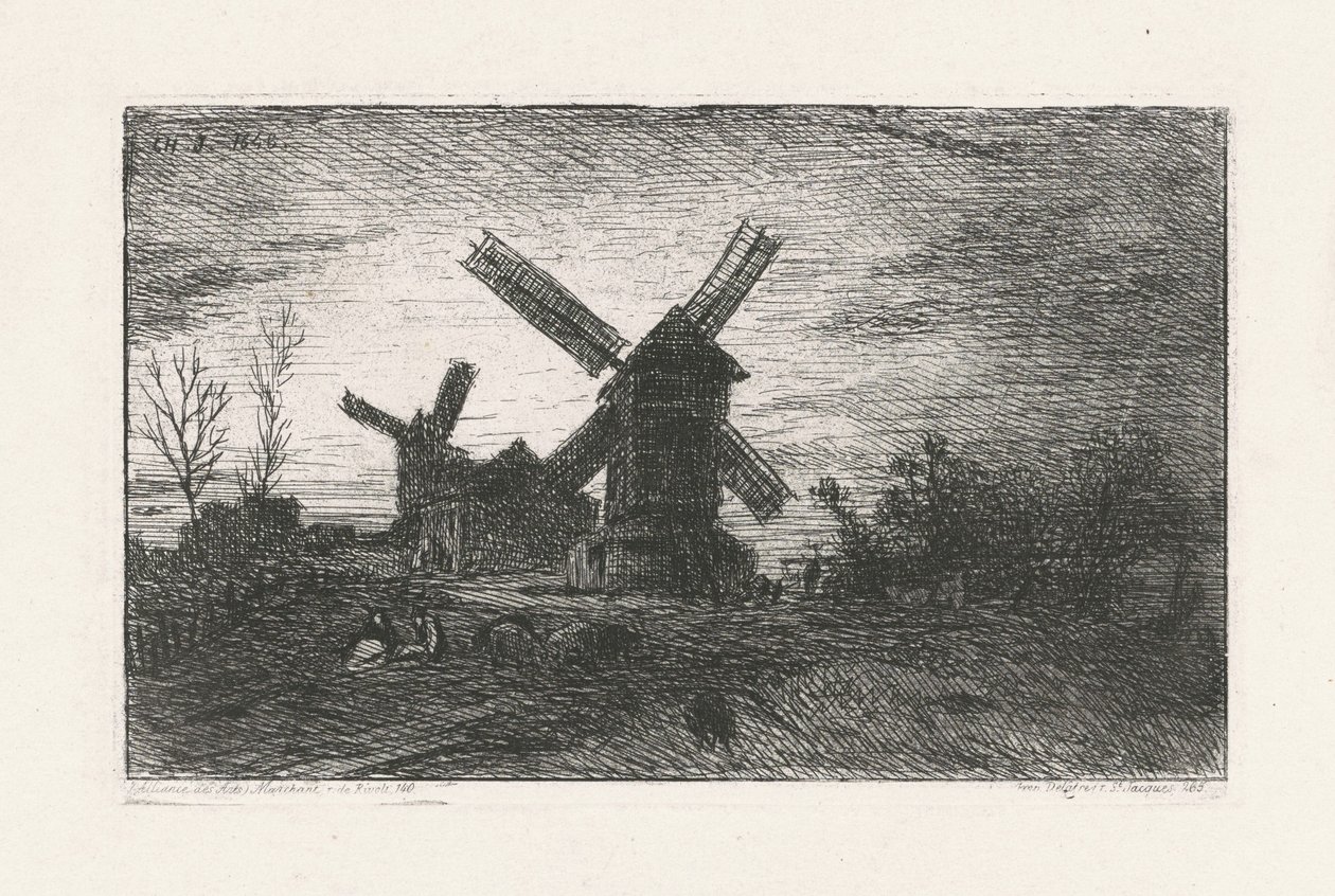 Dwa wiatraki na Montmartrze autorstwa Charles Emile Jacque