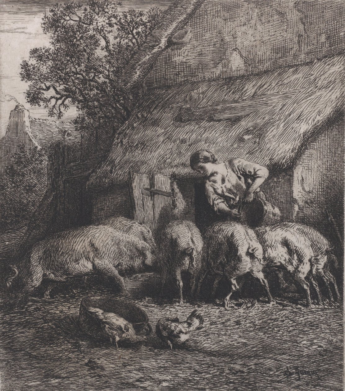 Kobieta karmiąca świnie, 1850. autorstwa Charles Emile Jacque