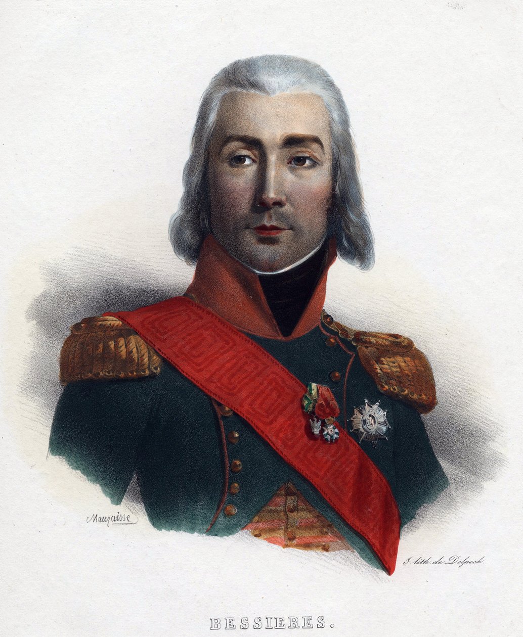Portret Jean Baptiste (Jean-Baptiste) Bessieres (1768-1813), Marszałek Francji - Mauraisse, Charles Emile (1799-1852) - 1835 - Litografia, akwarela - 32x24 - Kolekcja prywatna autorstwa Charles Emile Mauraisse