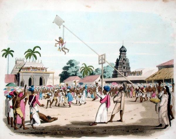 Barbarzyńska ceremonia z „Rysunków orientalnych”, sztychowanej przez Thomasa Medlanda (1755-1823), wydana w 1803 r. (kolor lito) autorstwa Charles Emilius (after) Gold