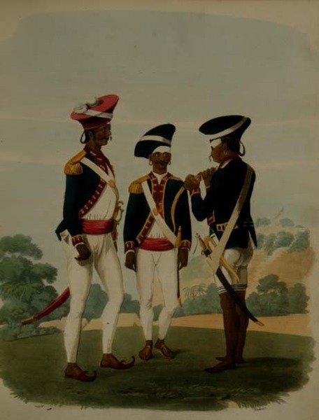 Oficerowie i szeregowcy Korpusu Gurcaseara, Madras, tablica 37 z „Rysunków Wschodnich”, ryt. Thomas Medland (1755-1823) wyd. 1806 (akwatinta) autorstwa Charles Emilius (after) Gold