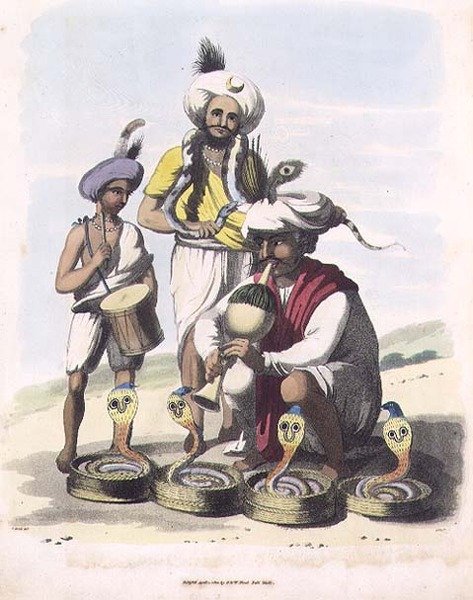 Zaklinacze węży w pobliżu wsi Manupar, tablica 24 z „Rysunków orientalnych”, ryt. William Ellis (1747-1810) wyd. 1806 (akwatinta) autorstwa Charles Emilius (after) Gold