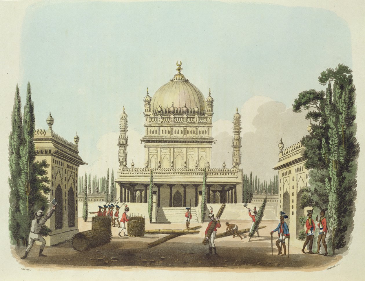 The Tomb of Hyder Ali and Tippoo Sultan, tablica 49 z "Oriental Drawings", rytowana przez Thomasa Medlanda (1755-1823) pub. 1806 (akwatinta) autorstwa Charles Emilius Gold