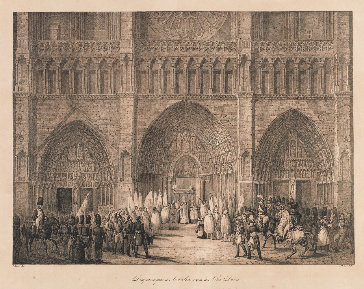 Flagi zrobione w Austerlitz odebrane w Notre Dame, początek XIX w. (lito) autorstwa Charles Etienne Pierre Motte