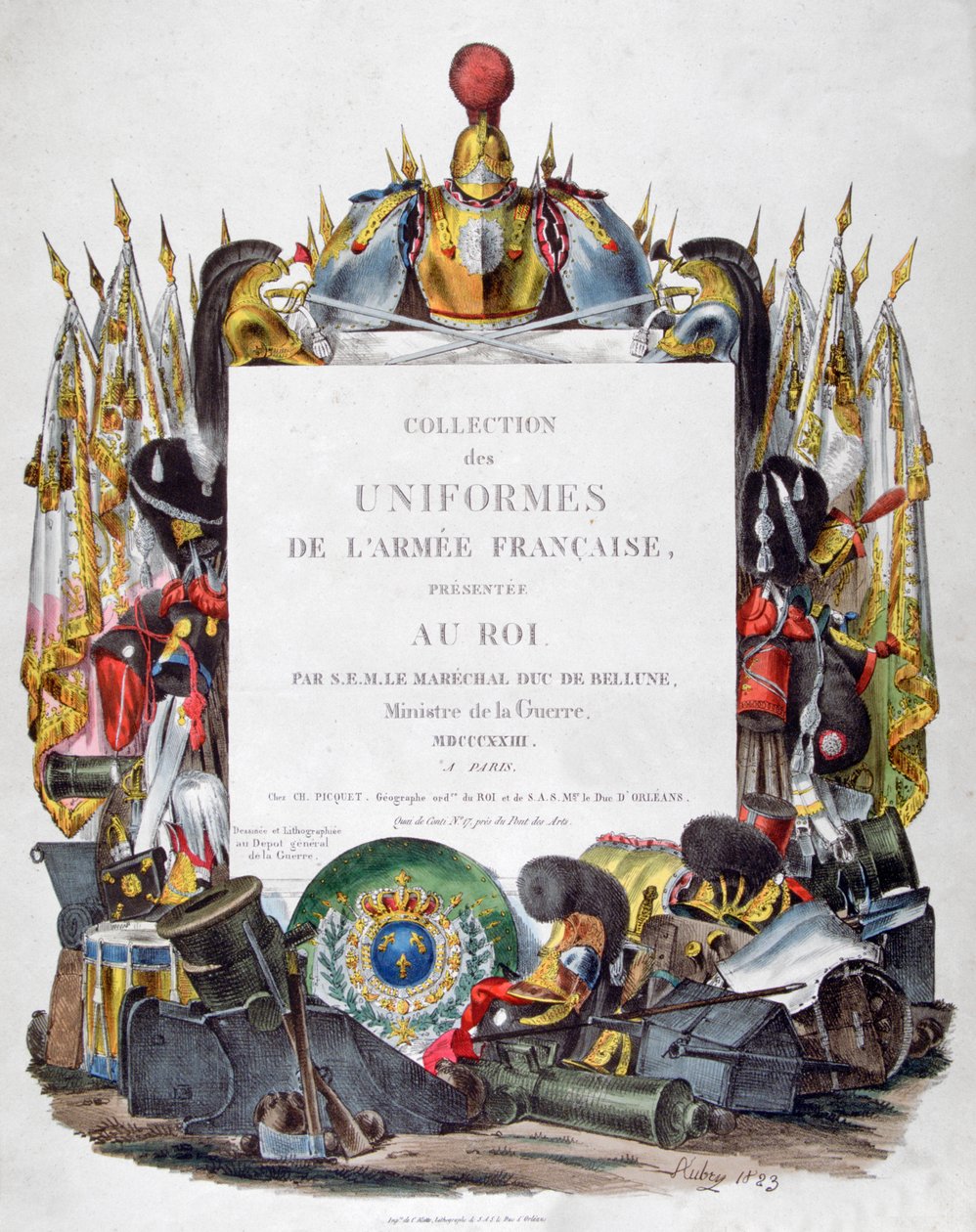 Frontyspis zbioru mundurów armii francuskiej podarowany królowi, 1823 r. autorstwa Charles Etienne Pierre Motte