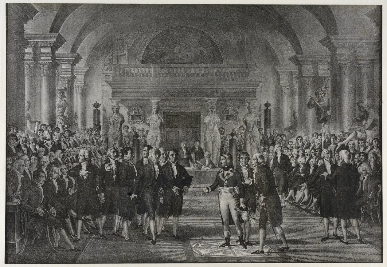 Przyjęcie Napoleona Bonaparte w Instytucie, klasa fizyki i matematyki, sekcja sztuk mechanicznych 25 grudnia autorstwa Charles Etienne Pierre Motte
