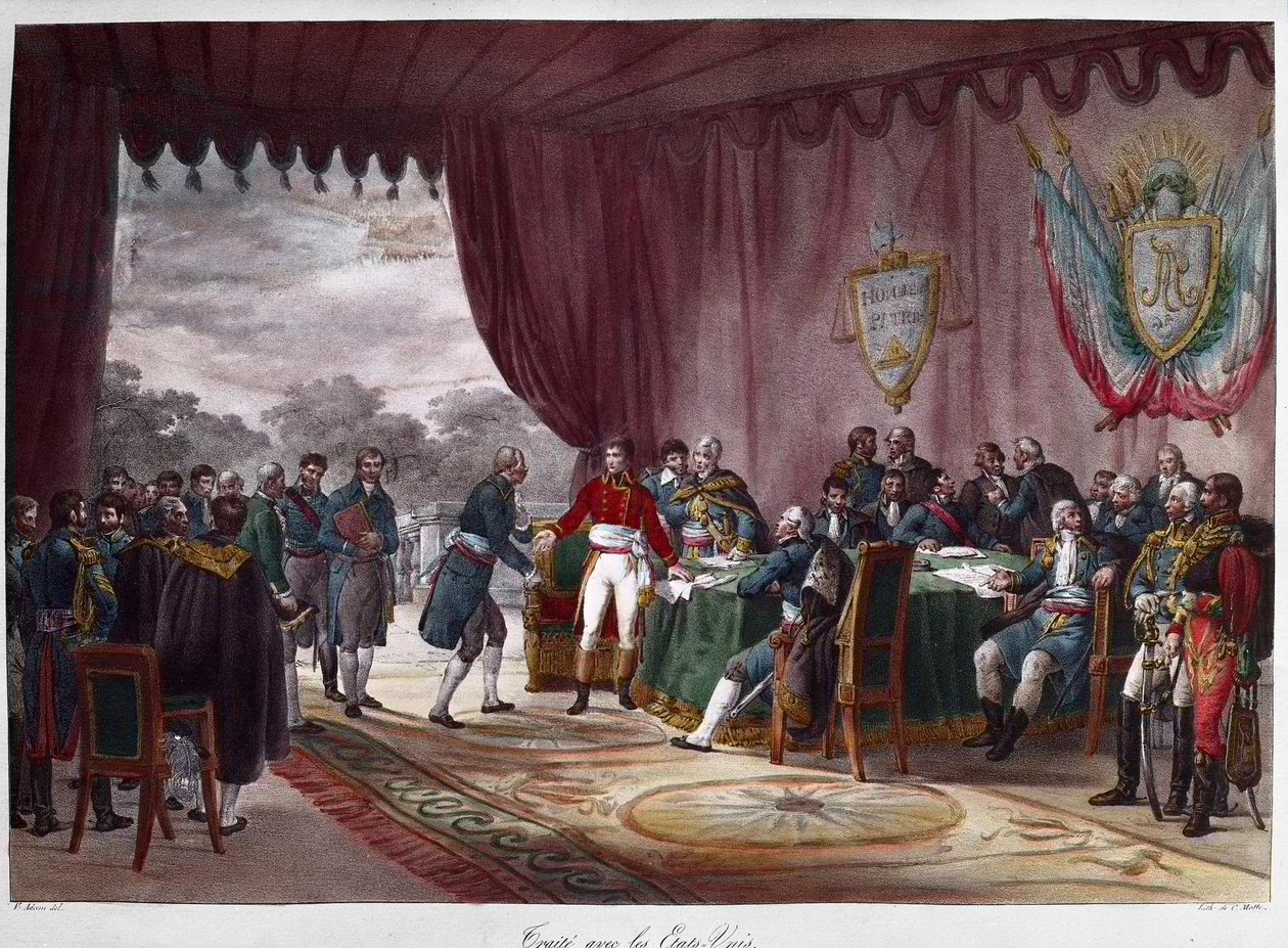 Podpisanie traktatu w Mortefontaine, 30 września 1800 r. - między Josephem Bonaparte (1768-1844) a Stanami Zjednoczonymi; sprzedaż Luizjany do Ameryki - Signature du Treat de Mortefontaine w dniu 30.09.2018 r., podczas której Francja (reprezentowana przez  autorstwa Charles Etienne Pierre Motte