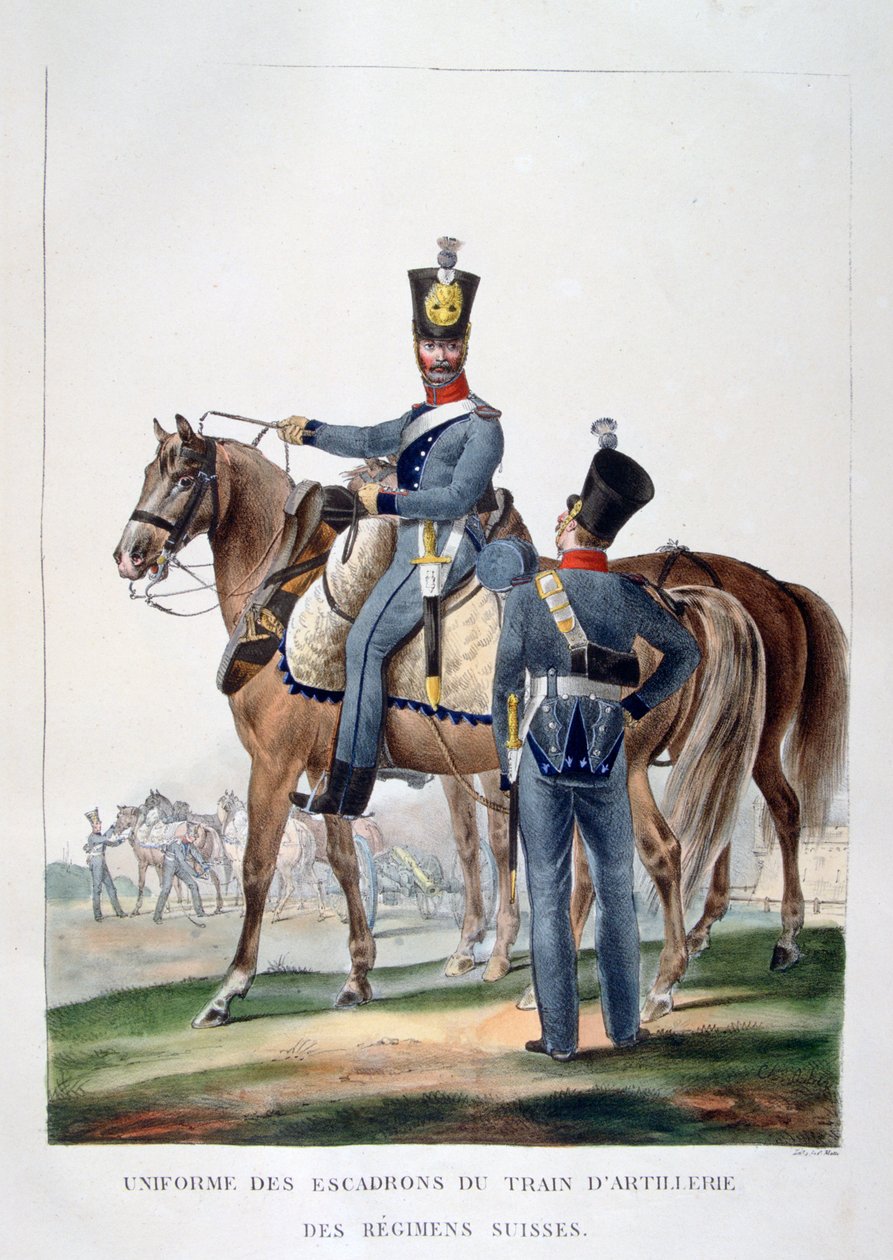 Mundur szwadronu artylerii konnej pułku szwajcarskiego, Francja, 1823 r. autorstwa Charles Etienne Pierre Motte