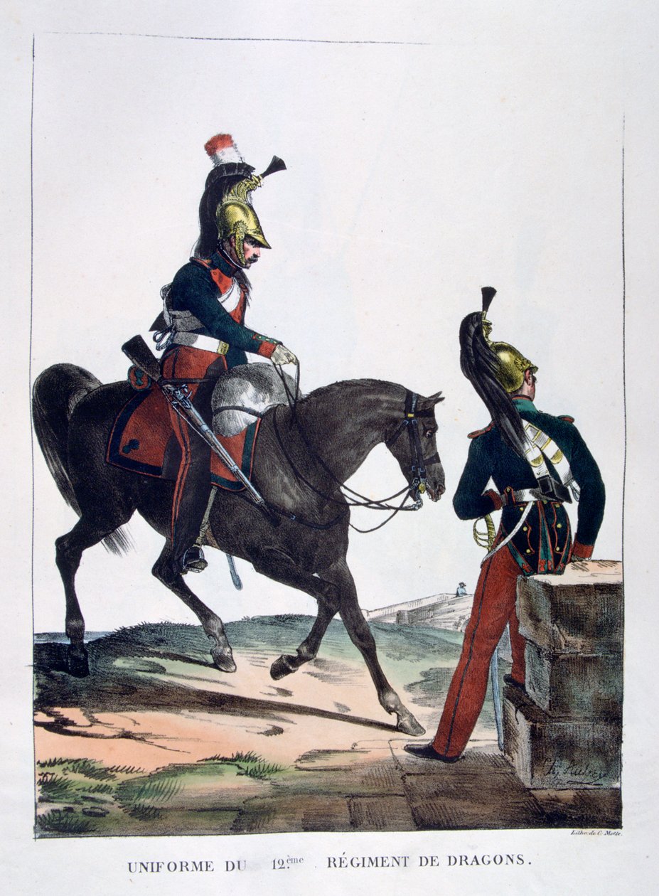 Mundur 12. Pułku Dragonów, Francja, 1823 r. autorstwa Charles Etienne Pierre Motte