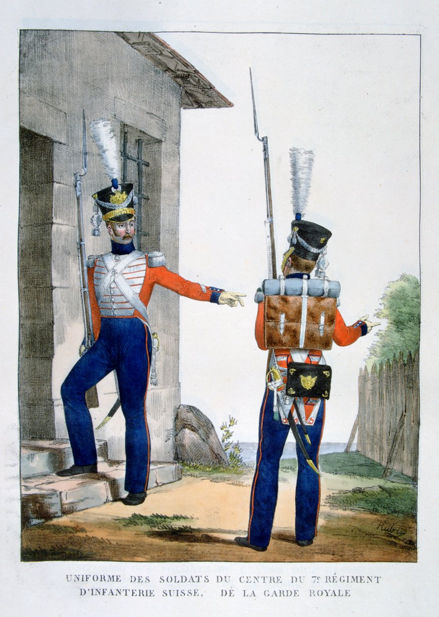 Mundur szwajcarskiego 7. pułku piechoty gwardii królewskiej, Francja, 1823 r. autorstwa Charles Etienne Pierre Motte
