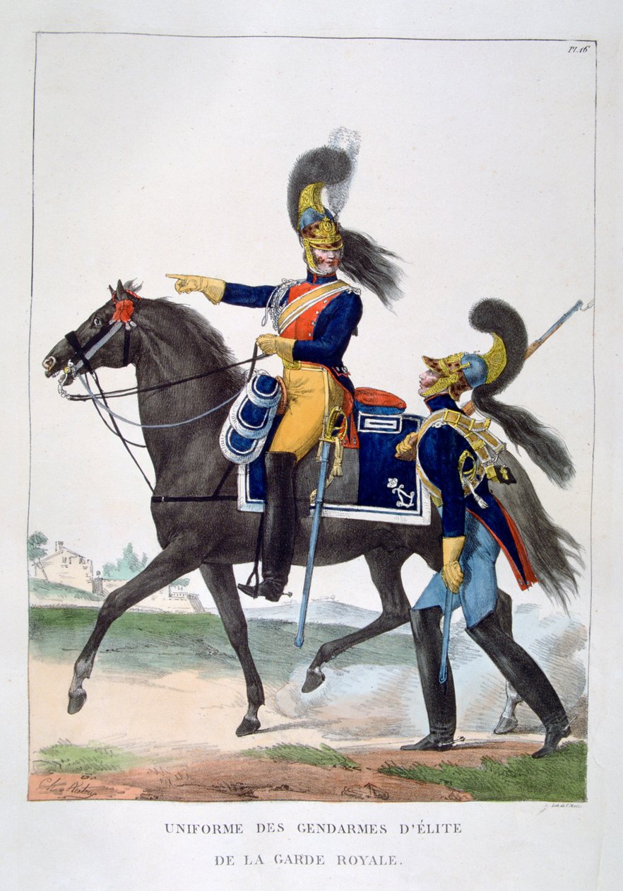 Mundur elitarnych żandarmów gwardii królewskiej, Francja, 1823 r. autorstwa Charles Etienne Pierre Motte