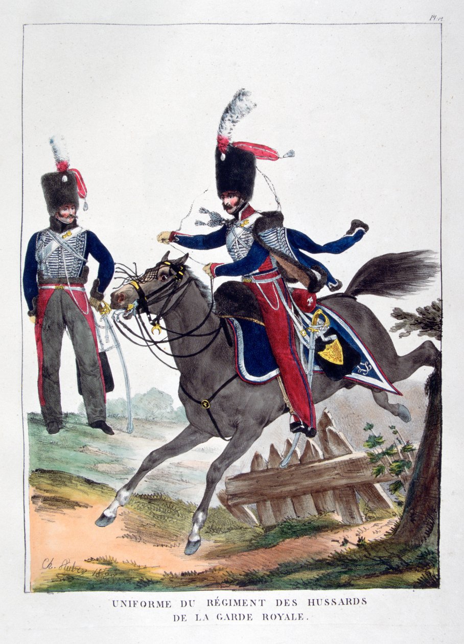 Mundury pułku huzarów francuskiej gwardii królewskiej, 1823 r. autorstwa Charles Etienne Pierre Motte