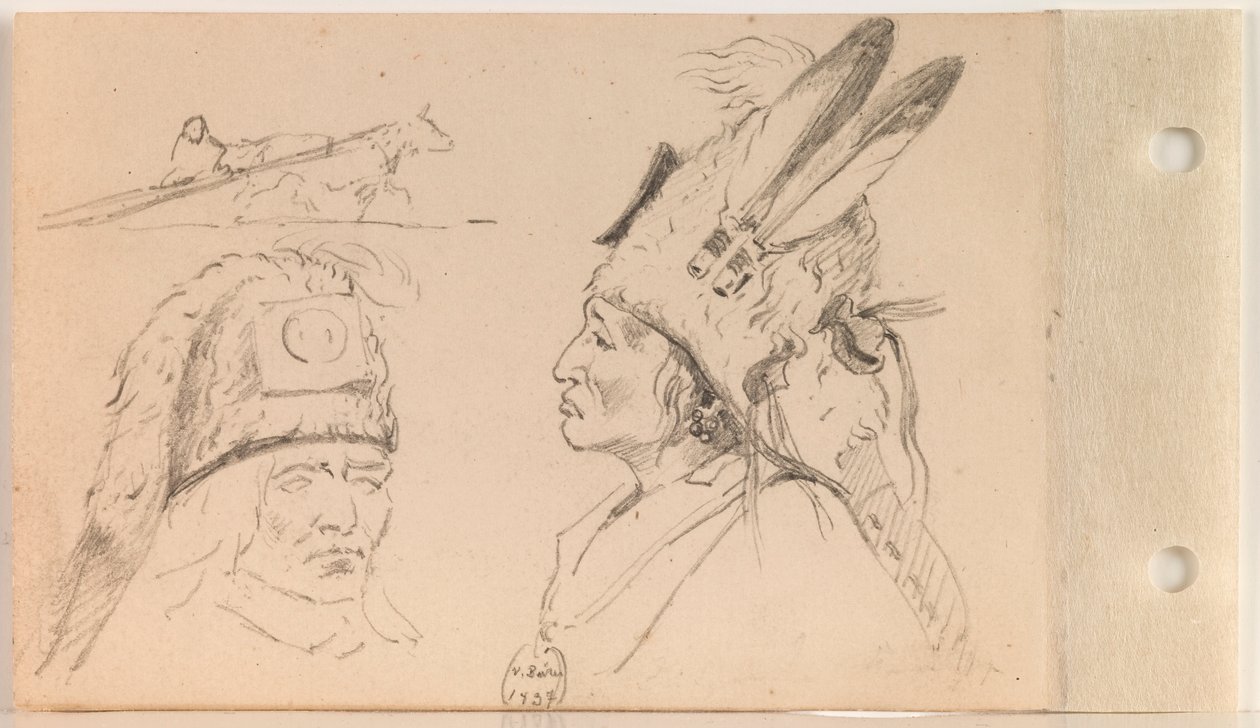 Badania Palaneapape (Struck-by-Ree lub Struck-by-Arikara) i Dog Travois (k. 21 verso) autorstwa Charles Ferdinand Wimar