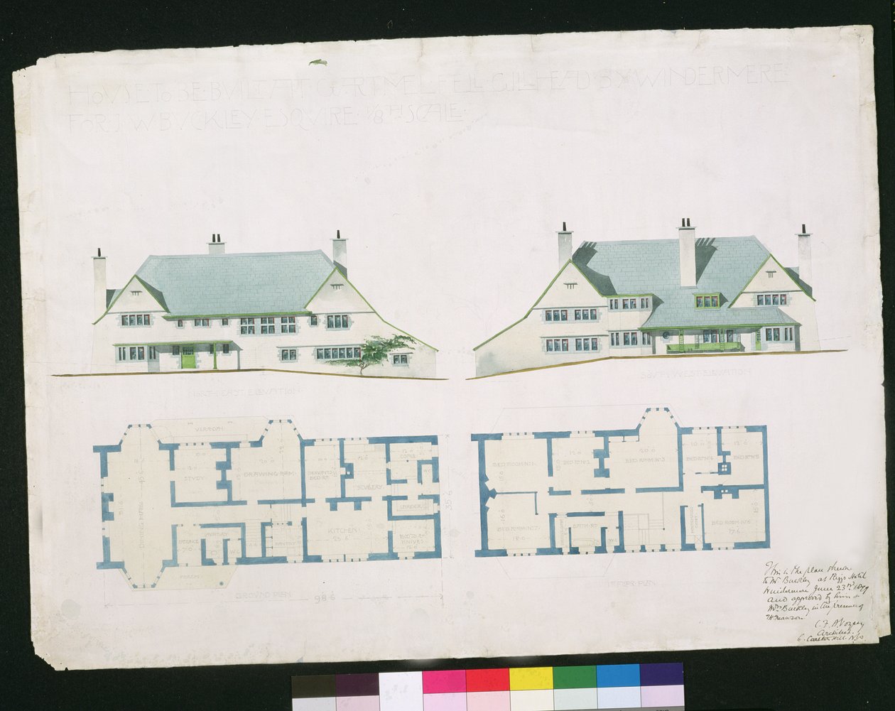 Dom do wybudowania w Gartmel Fell Gillhead, Windermere dla J.W. Buckley Esquire, 1899 (toaleta i ołówek na papierze) autorstwa Charles Francis Annesley Voysey