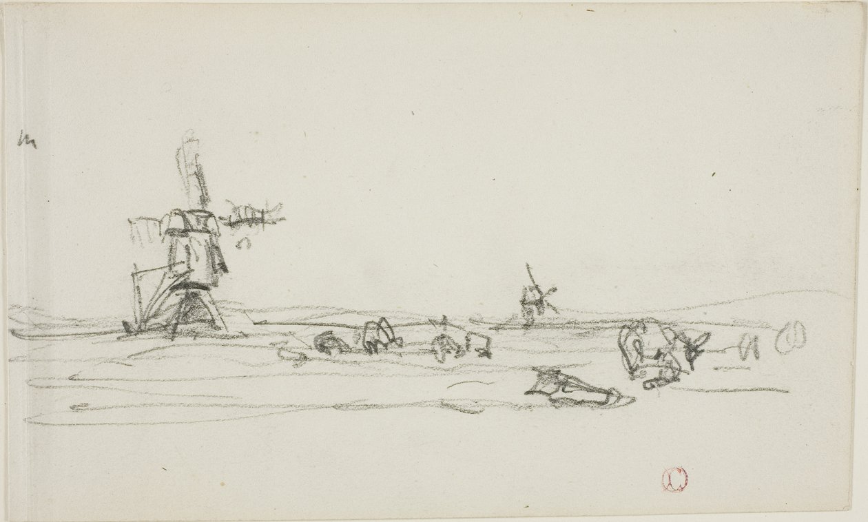 Krajobraz w Holandii (recto); Szkic wiatraków nad wodą (verso) autorstwa Charles Francois Daubigny