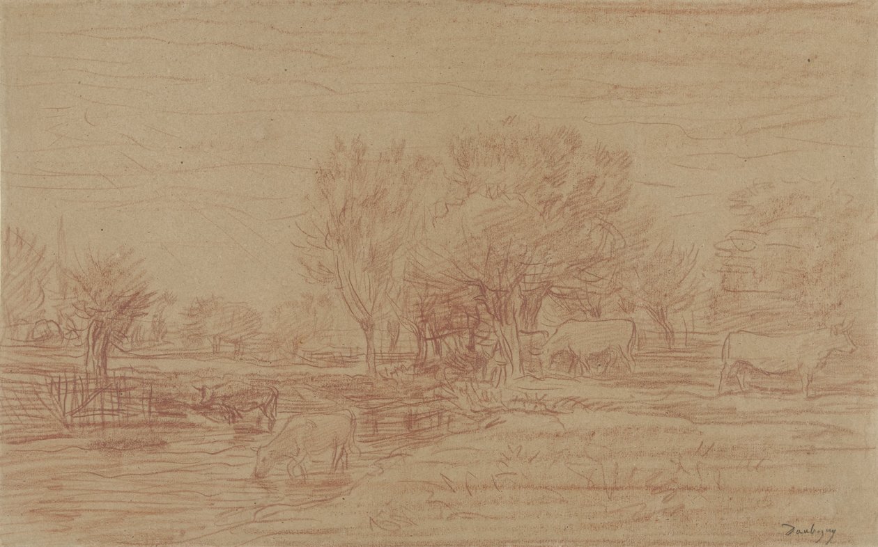 Krajobraz z pasącymi się i pijącymi krowy oraz obserwującym bykiem autorstwa Charles Francois Daubigny