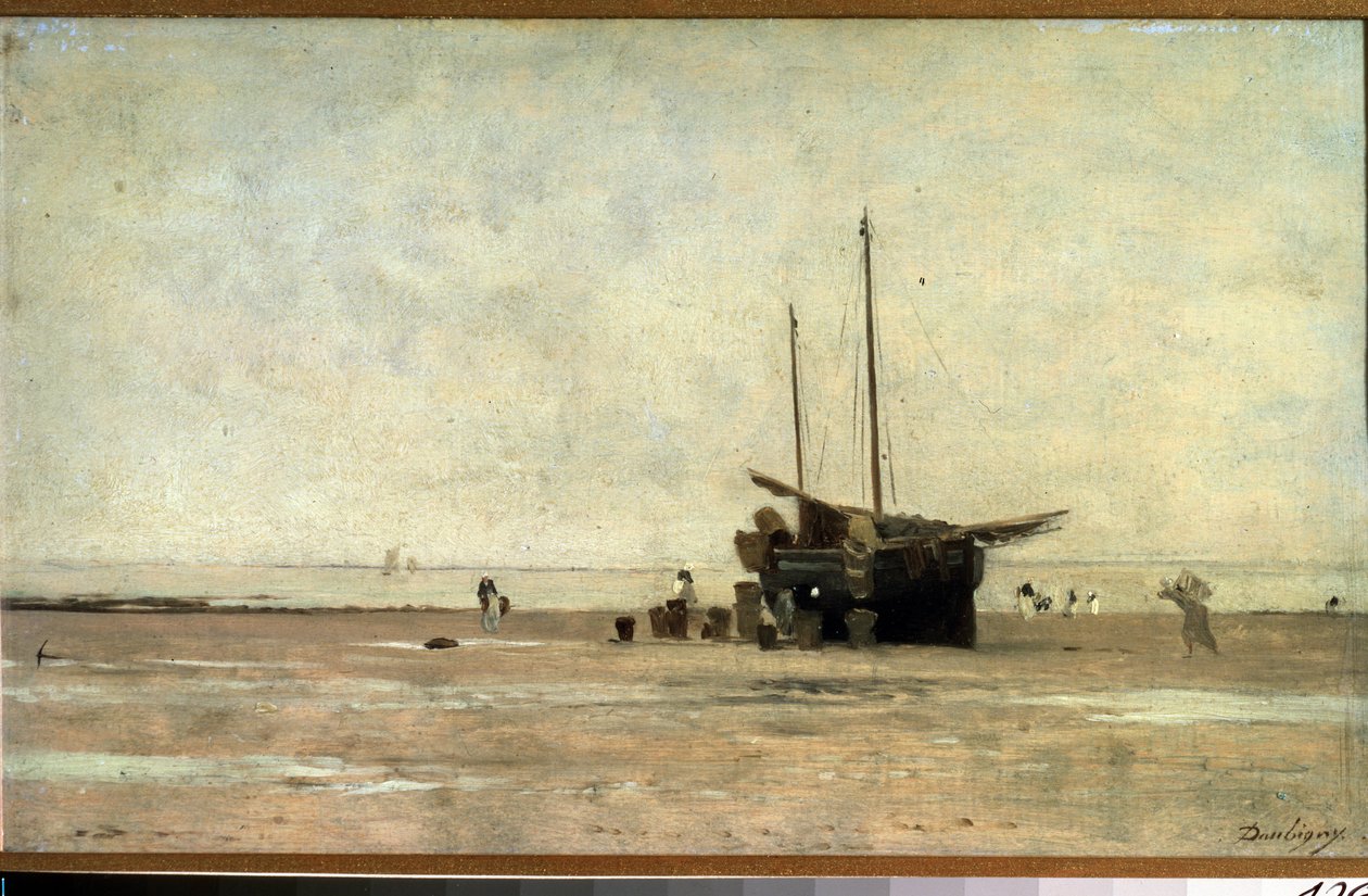""Seascape"" Żaglówka na piasku podczas odpływu. Obraz Charlesa Francois Daubigny (1817-1878) 1868-1872 Muzeum Puszkina, Moskwa autorstwa Charles Francois Daubigny
