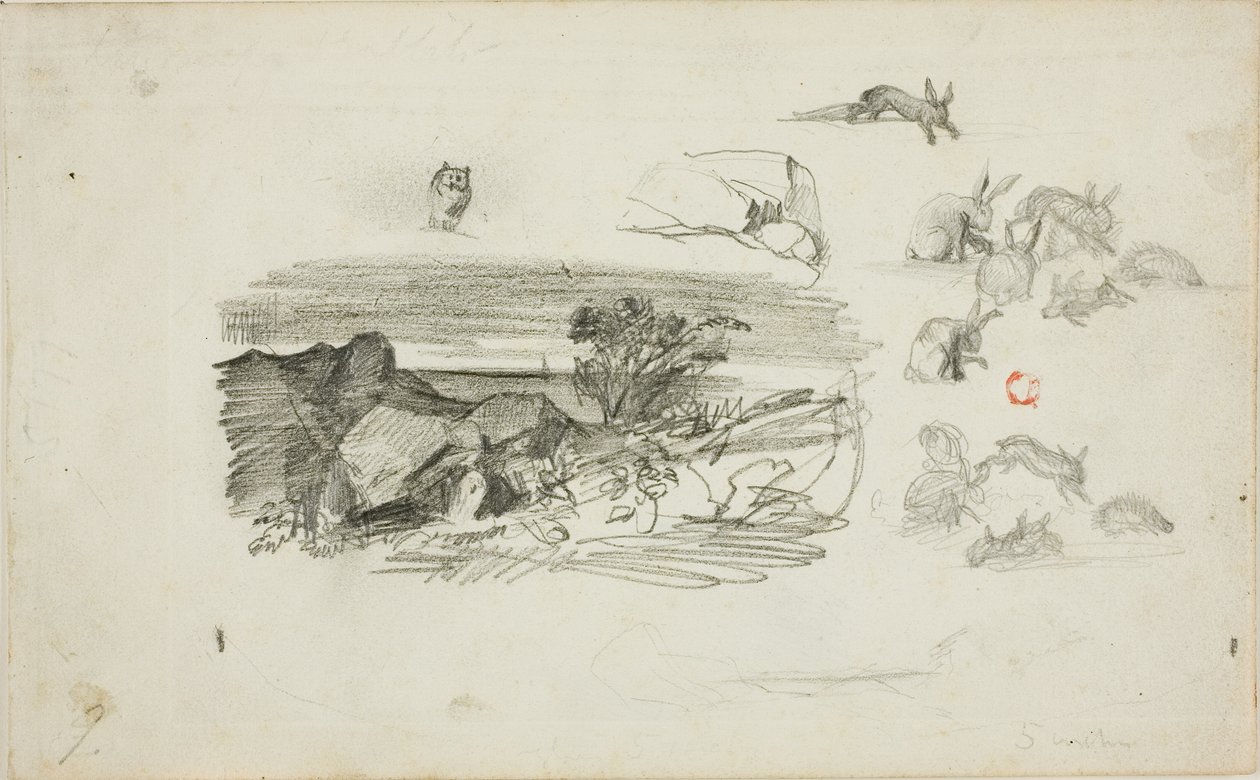 Szkice: Skalista sceneria i króliki autorstwa Charles Francois Daubigny
