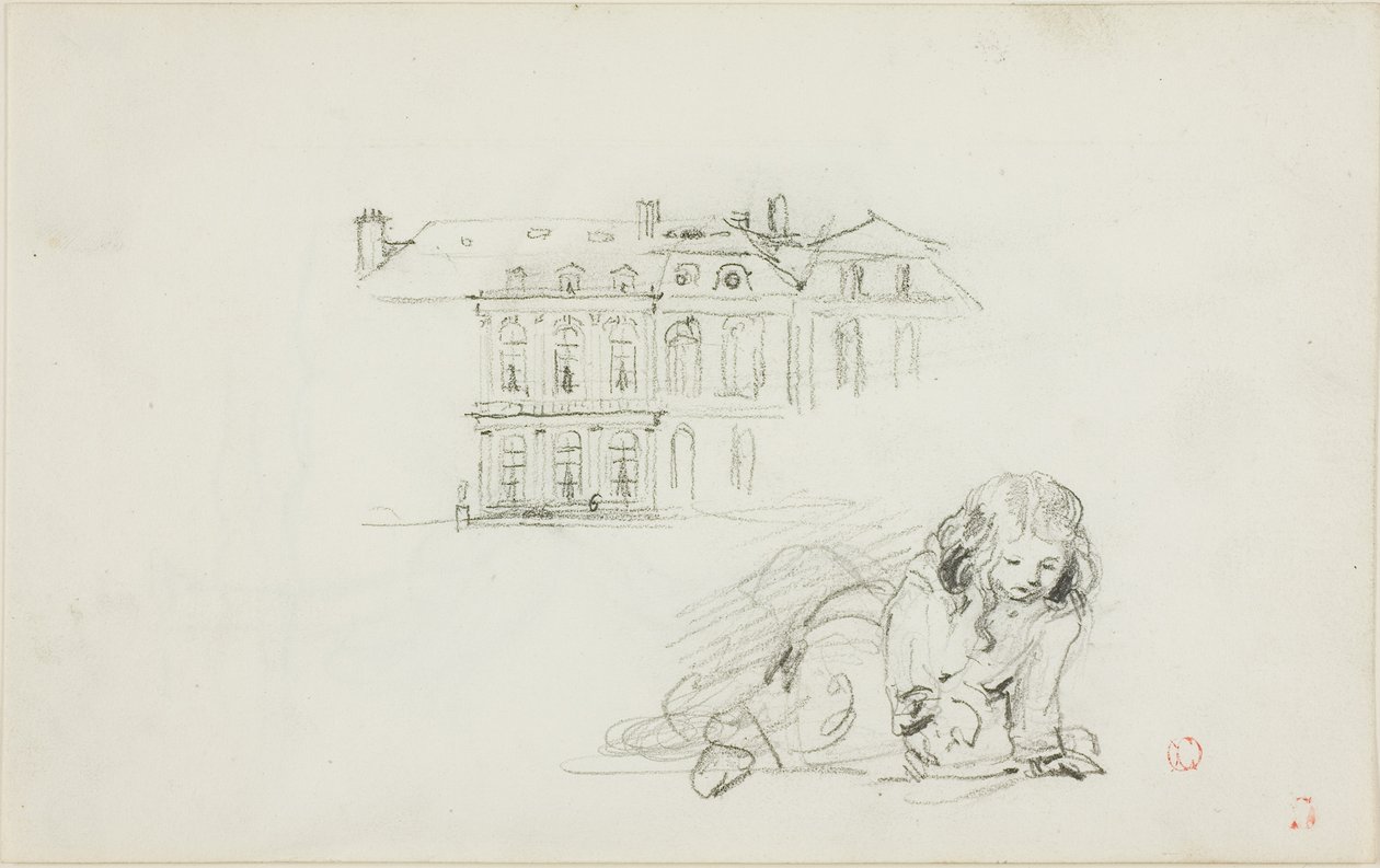 Szkice: Hotel de Ville, Tours i bawiąca się dziewczynka (recto); Bocian (verso) autorstwa Charles Francois Daubigny