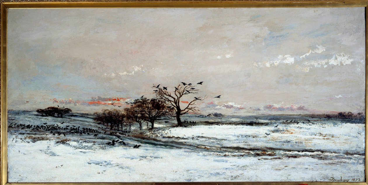 Śnieżny krajobraz w zachodzącym słońcu. Obraz Charlesa Francois Daubigny (1817-1878) autorstwa Charles Francois Daubigny