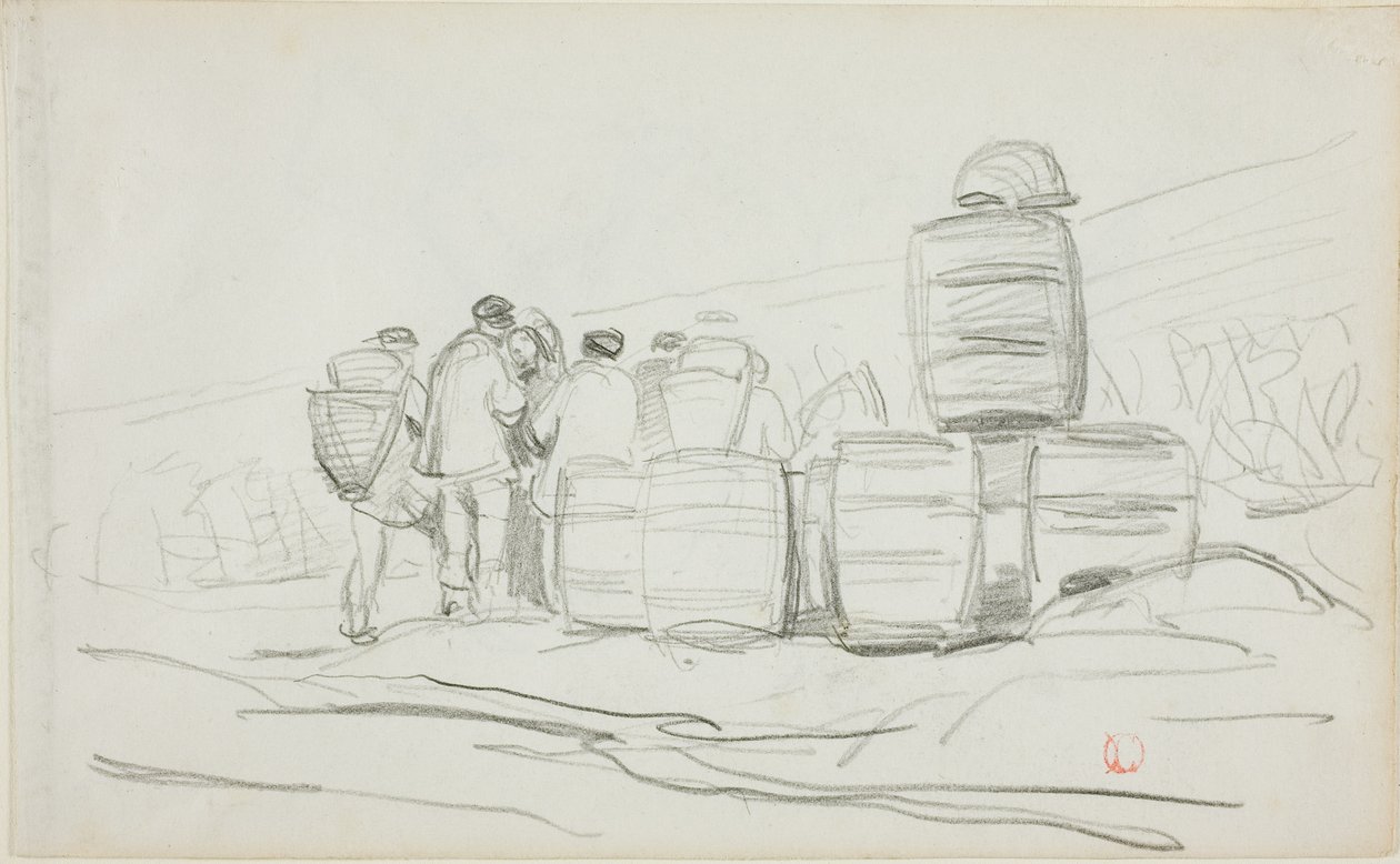 Studium grupy ludzi z beczkami (recto); Dwa studia kobiety sprzątającej (verso) autorstwa Charles Francois Daubigny