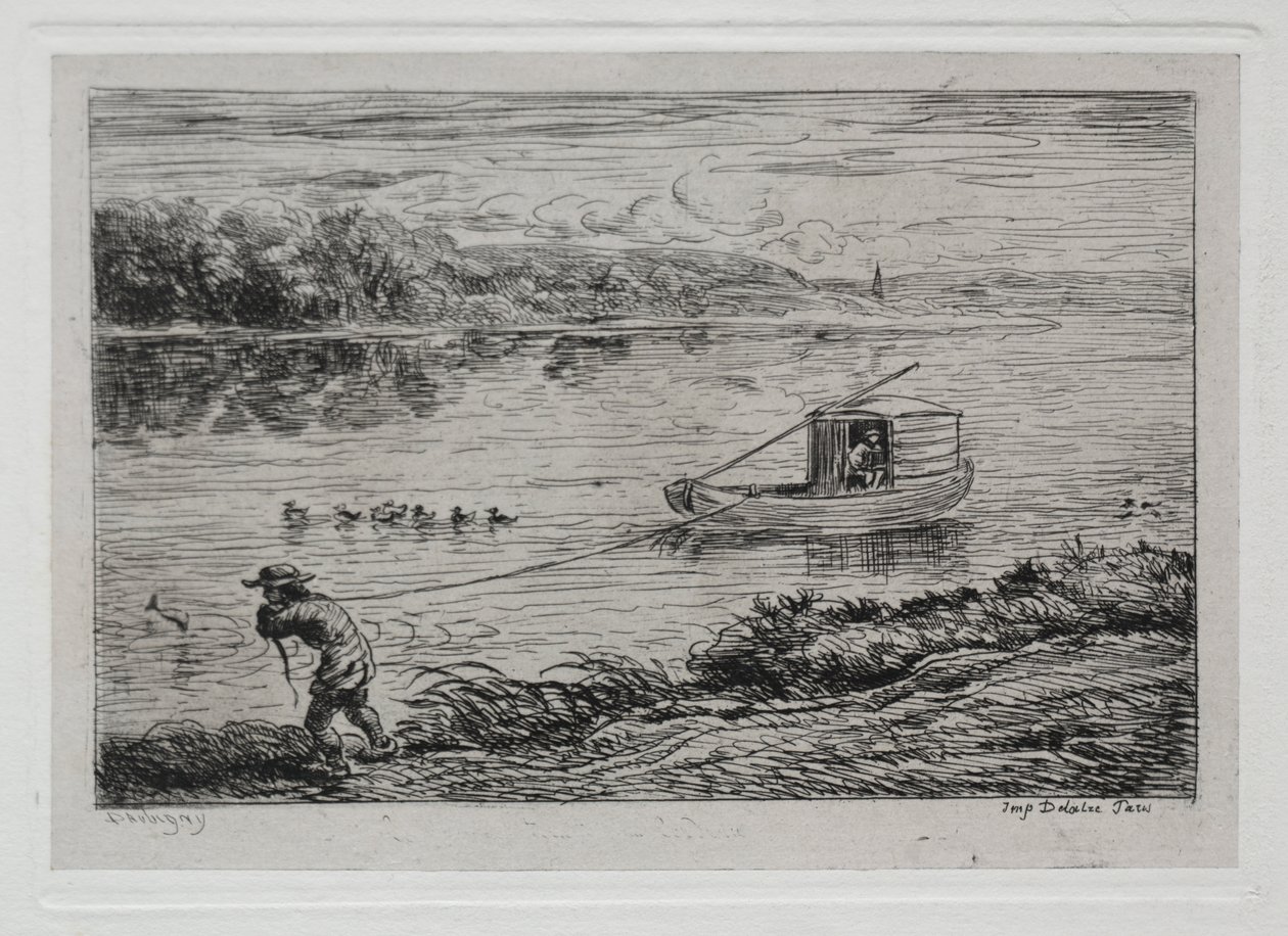 Rejs łodzią: chłopiec kabinowy ciągnący linę holowniczą lub ciągnący linę autorstwa Charles Francois Daubigny