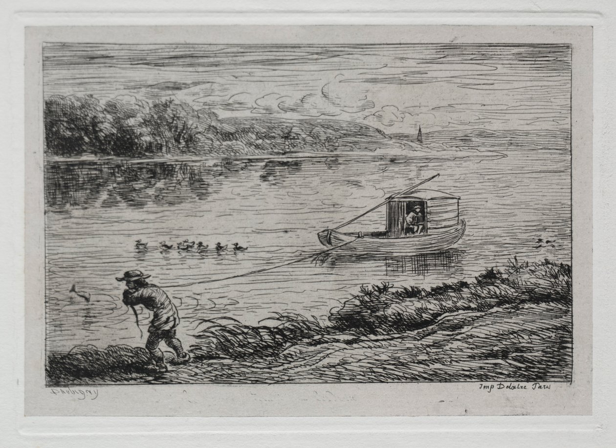 Rejs łodzią: chłopiec kabinowy ciągnący linę holowniczą lub ciągnący liną, 1861. autorstwa Charles Francois Daubigny