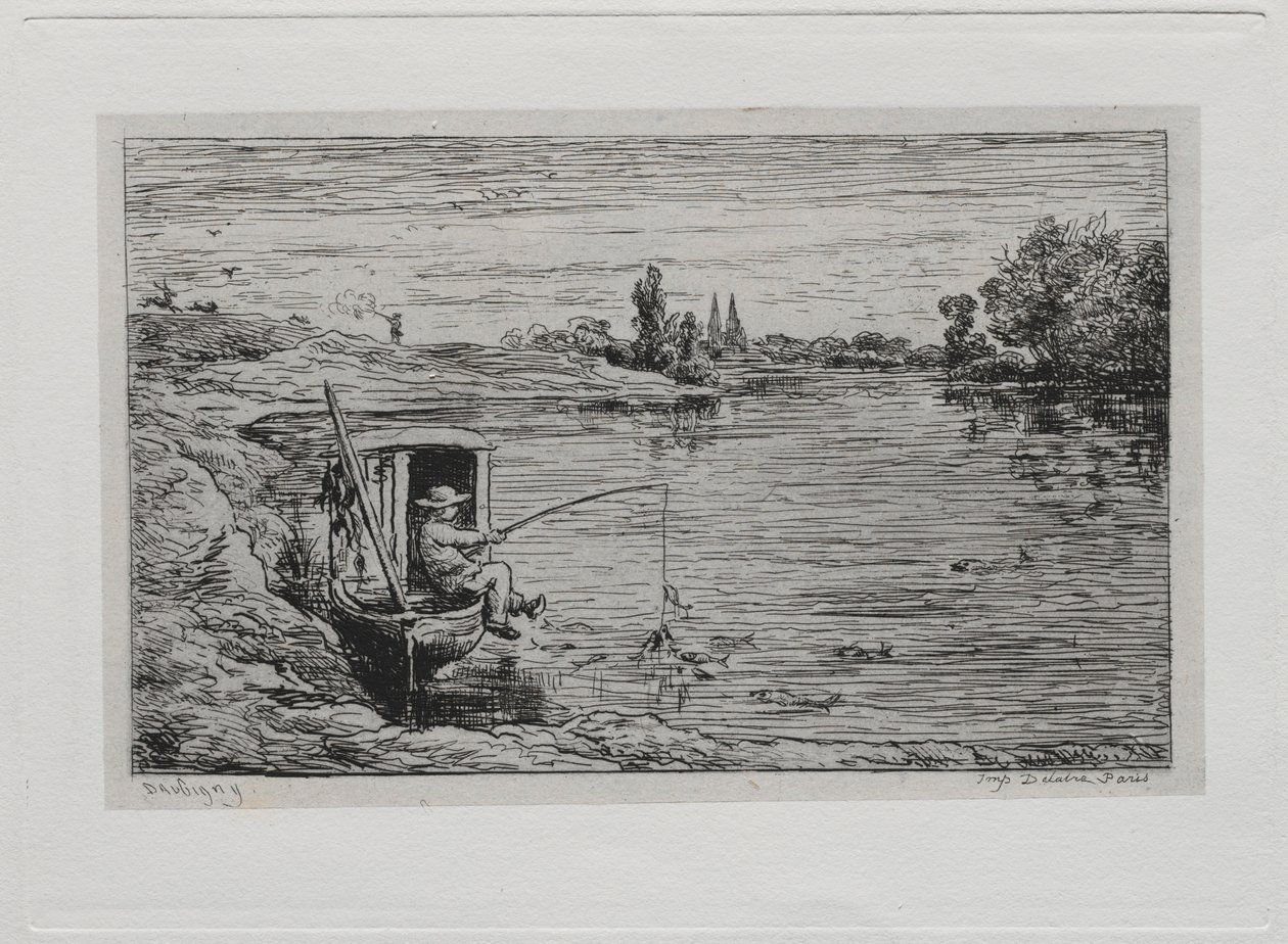 Rejs łodzią: Wędkowanie na wędkę w kabinie, 1861. autorstwa Charles Francois Daubigny