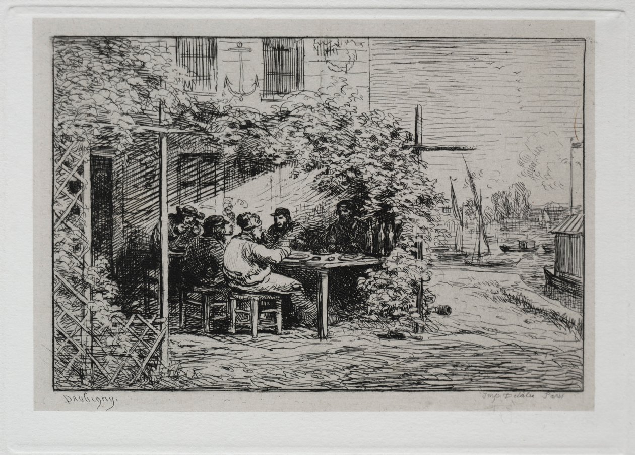 Rejs statkiem: lunch przed wejściem na pokład w Asnières, 1861. autorstwa Charles Francois Daubigny