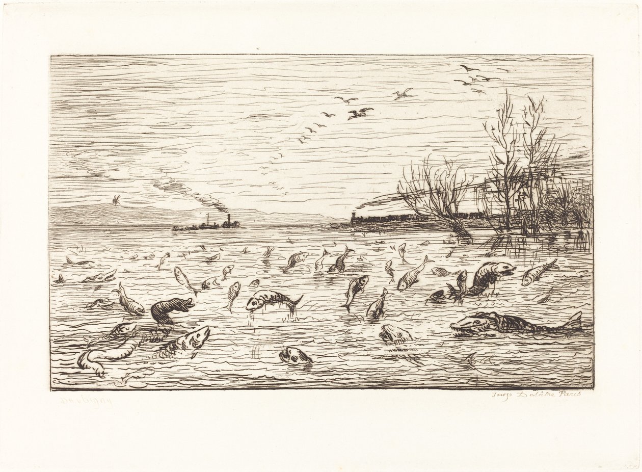 Ryba radujcie się, gdy chłopiec kabinowy odchodzi (Rejouissances de poissons du odejść du mo autorstwa Charles Francois Daubigny