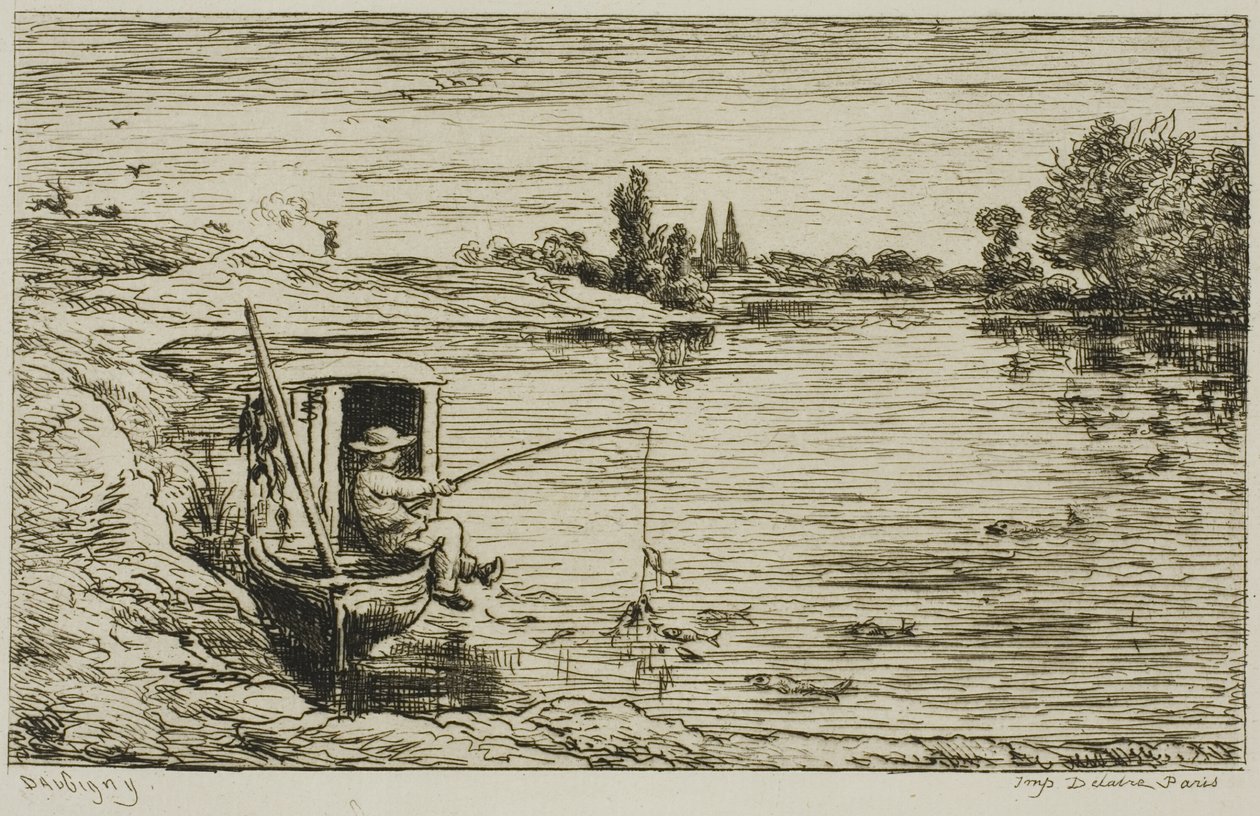 Chłopiec okrętowy łowiący ryby (Fishing with a Line) autorstwa Charles Francois Daubigny