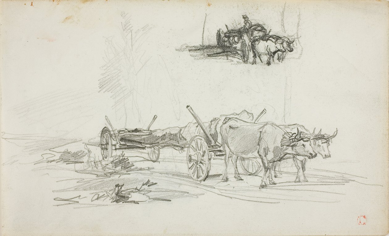 Dwa szkice wołów ciągnących kłodę autorstwa Charles Francois Daubigny