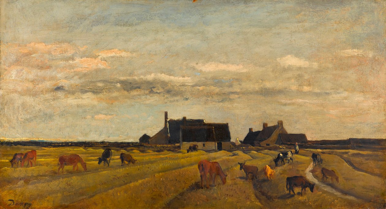 „„Widok farmy w Kerity w Bretanii”” (Farma w Kerity, Bretania) Obraz Charles-Francois (Charles Francois) Daubigny (1817-1878) Wymiary 64x101 cm Olej na płótnie Gemeentemuseum Den Haag autorstwa Charles Francois Daubigny