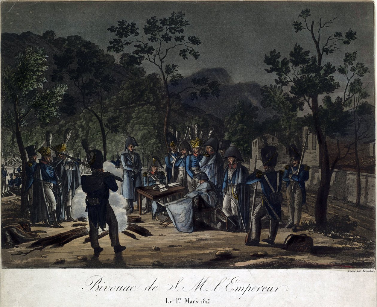 Powrót Napoleona z Elby. Biwak Napoleona w Golfe-Juan 1 marca 1815 - Levachez, Charles Francois Gabriel (czynny 1760-1820) - 1815 - Aquatint - 29,5x30 - Kolekcja prywatna autorstwa Charles Francois Gabriel Levachez