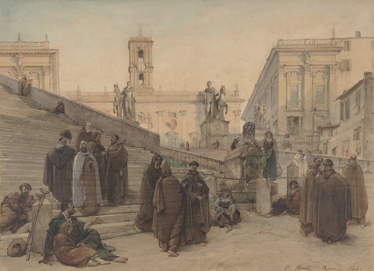 Campidoglio widziany z klatki schodowej kościoła Aracoeli w Rzymie o zachodzie słońca, 1846. autorstwa Charles Francois Houel