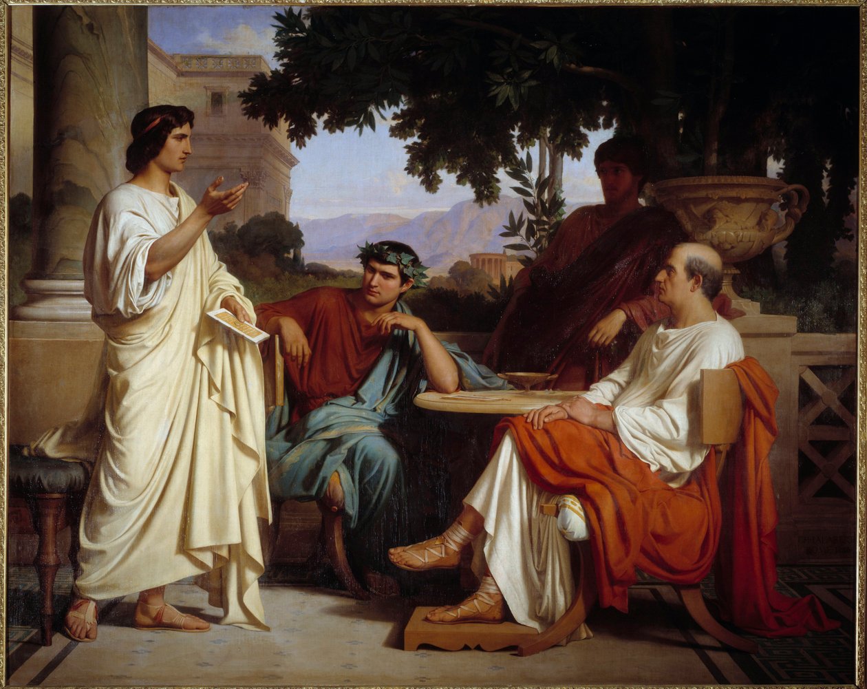 Wergiliusz, Horacy i Varius w Mecene Obraz Charlesa Francois Jalaberta (1819-1901) 1846 Nimes, musee des Beaux Arts - Wergiliusz, Horacy i Varius w domu Mecene. Obraz Charlesa Francois Jalaberta (1819-1901) 1846. Muzeum Sztuk Pięknych, Nimes, Francja autorstwa Charles François Jalabert