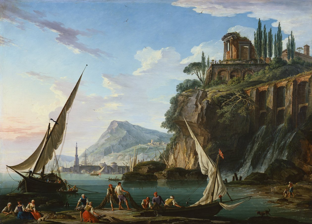 Scena przybrzeżna ze świątynią Sybilli, Tivoli (malarstwo) autorstwa Charles Francois Lacroix de Marseille
