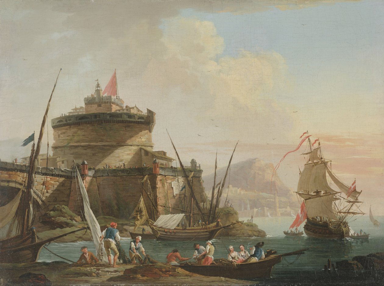 Scena portowa o zachodzie słońca autorstwa Charles Francois Lacroix de Marseille