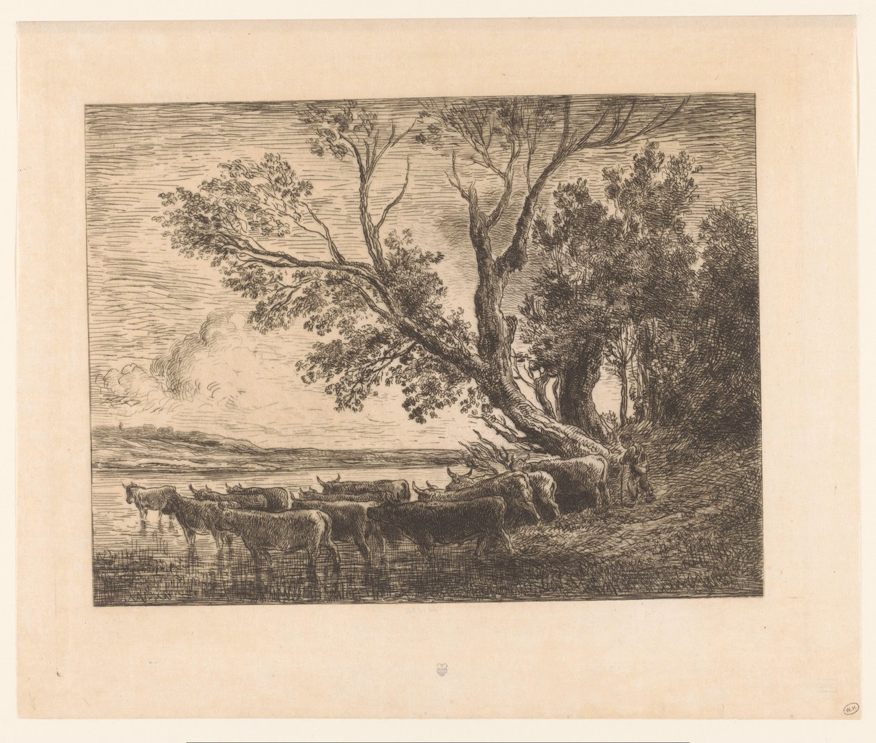 Krajobraz z brodzącym bydłem le gue autorstwa Charles François Daubigny (attributed to)