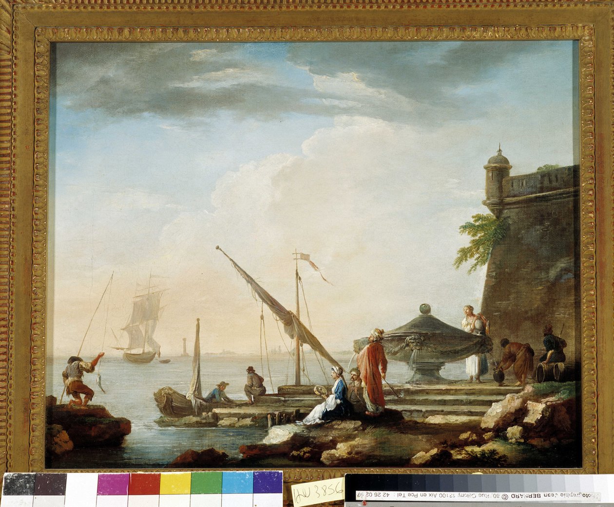 Port śródziemnomorski przy fontannie. Obraz Charlesa Francois Greniera de la Croix dit Lacroix de Marseille (1720-1782) Kolekcja prywatna, Marsylia. autorstwa Charles François Grenier de Lacroix