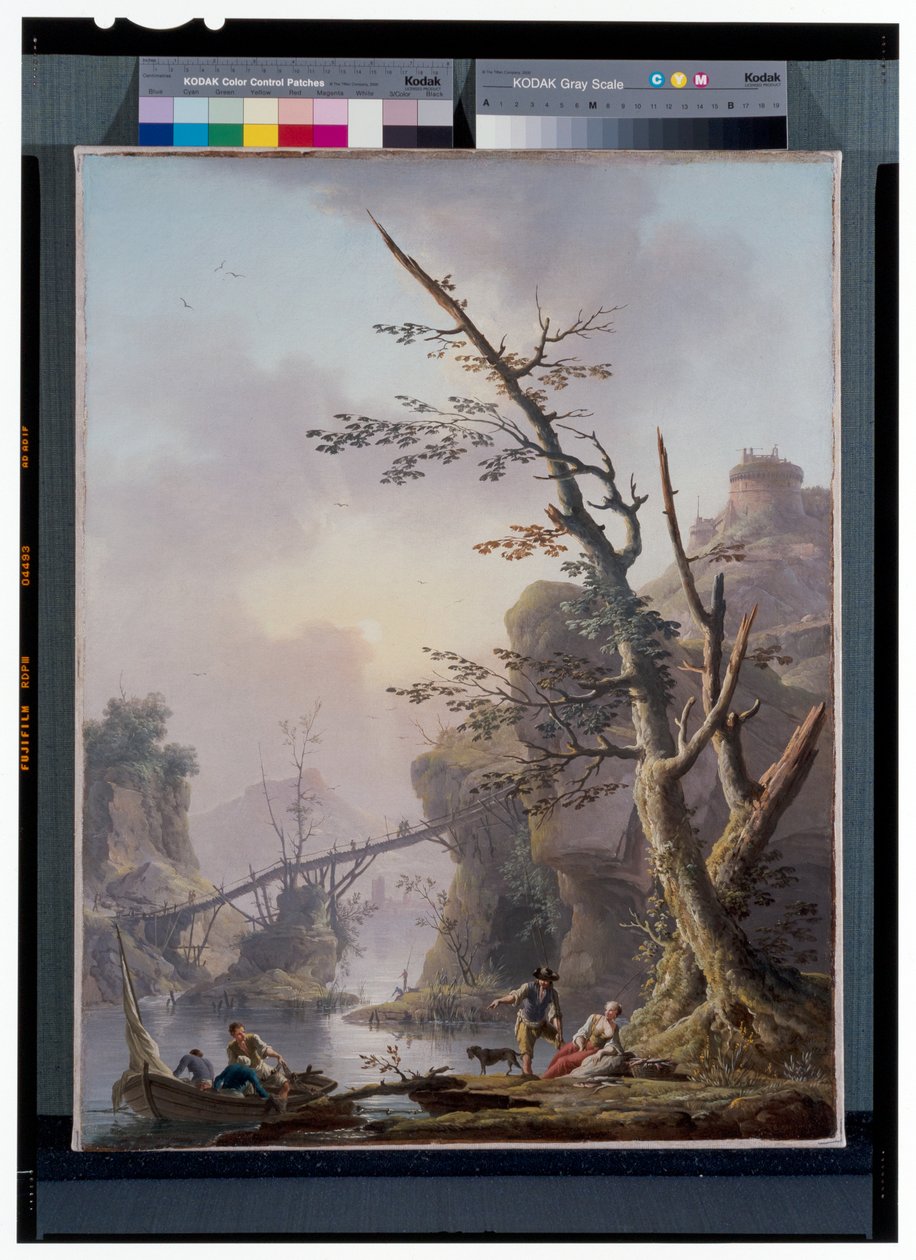 Krajobraz rzeczny z rybakami, którzy łapią sieci autorstwa Charles François Grenier de Lacroix