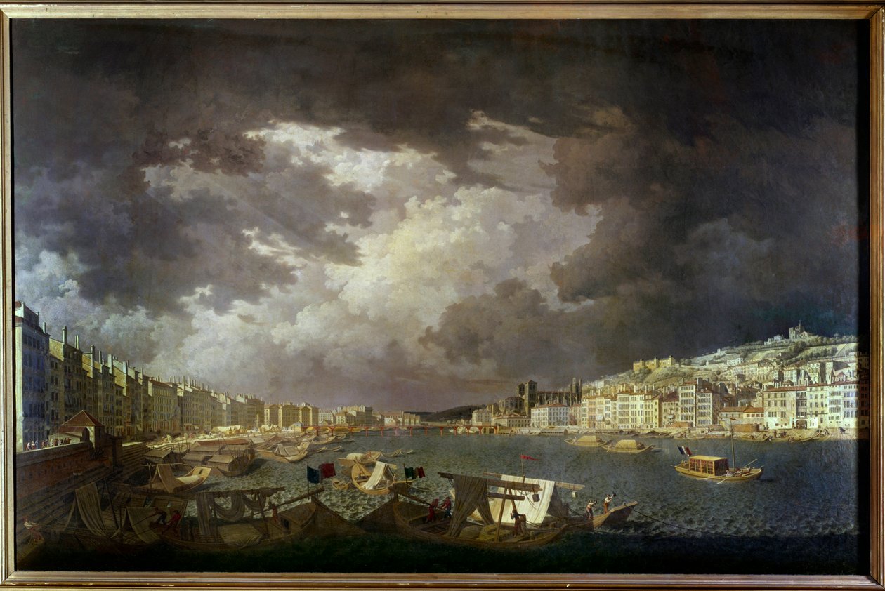 Granice Saony w Lyonie Po lewej działalność handlowa, Malarstwo Charlesa Francois Nivarda (1739-1821) 1804. autorstwa Charles François Nivard